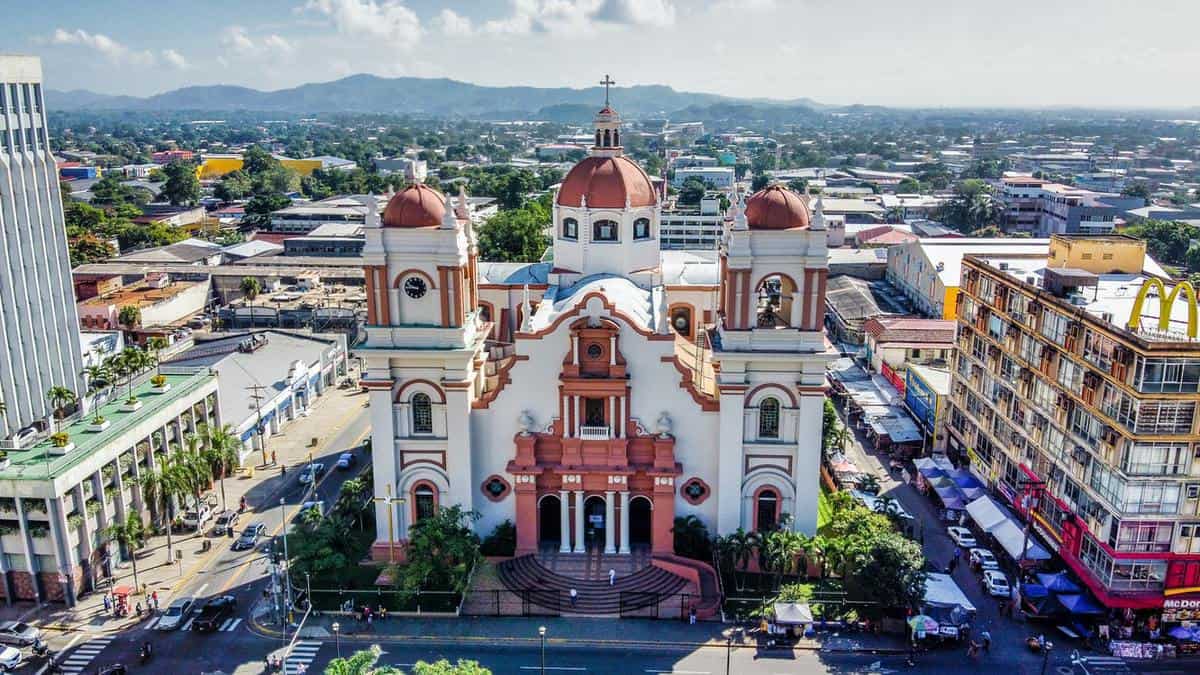 Colorful cathedral and city in Honduras. 