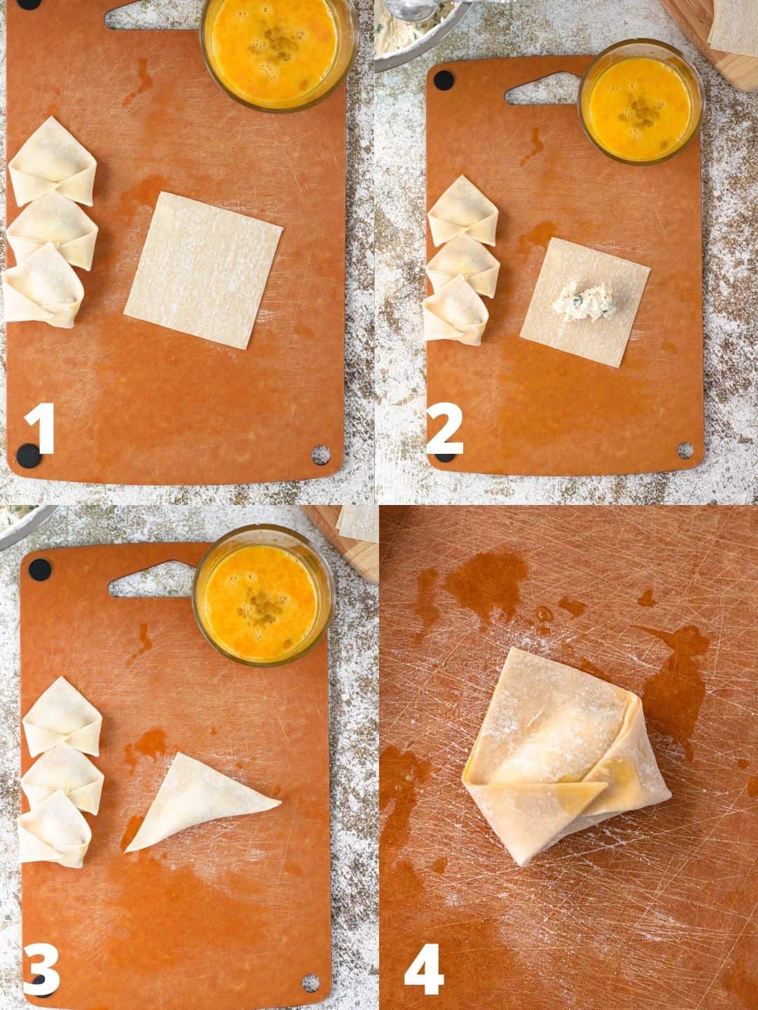 4 Steps to creating rangoons with an egg wash and inserting filling into the wonton wrapper, folding it up. 