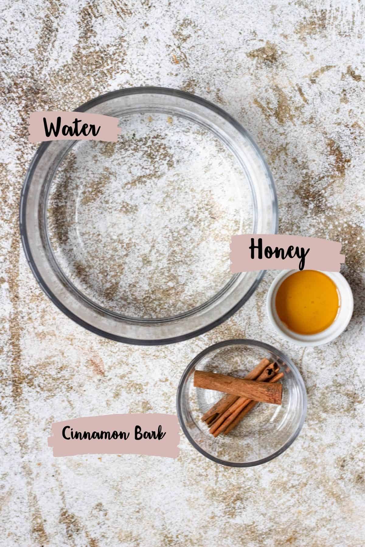 Measured ingredients for making cinnamon tea. 