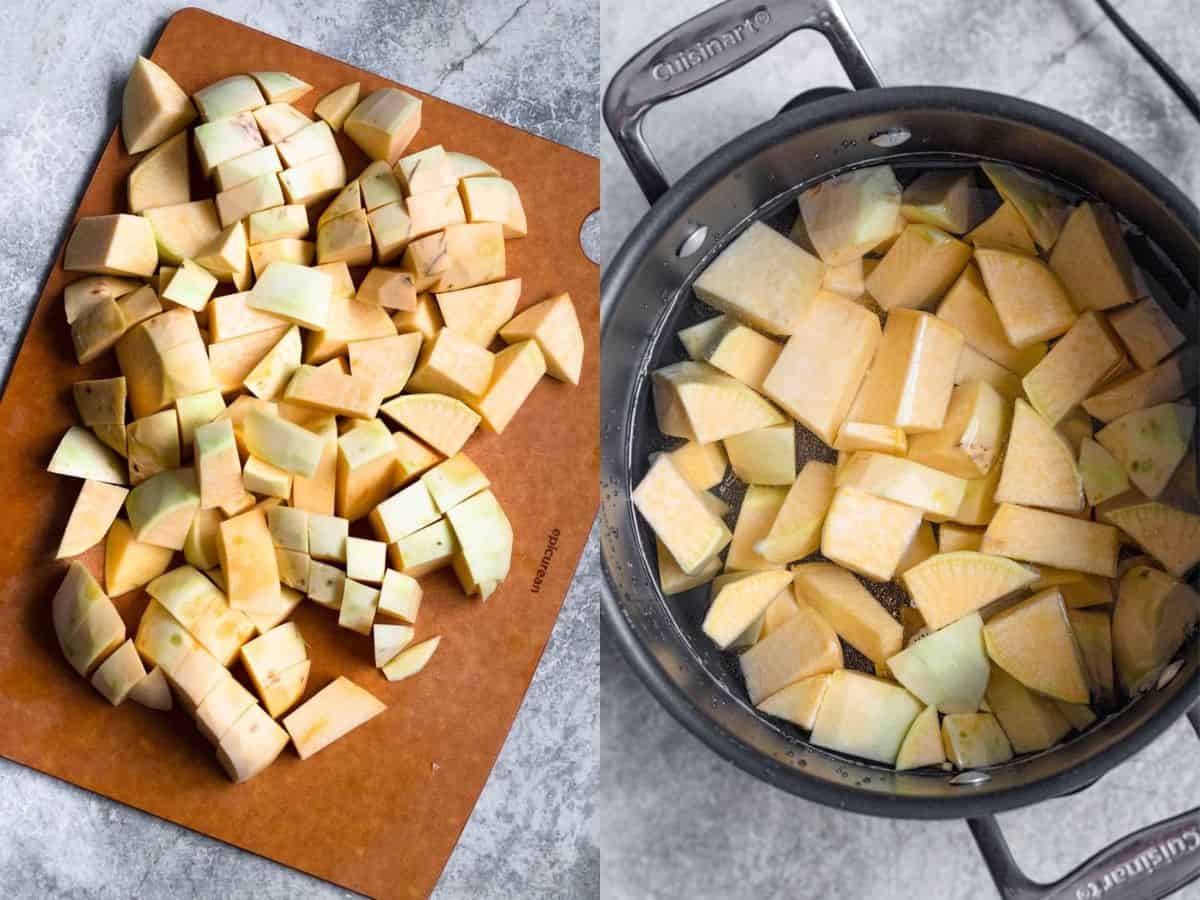 2 picture collage - left picture cutting board with 1" pieces of rutabaga, right side, water added to Instant pot and rutabagas added. 