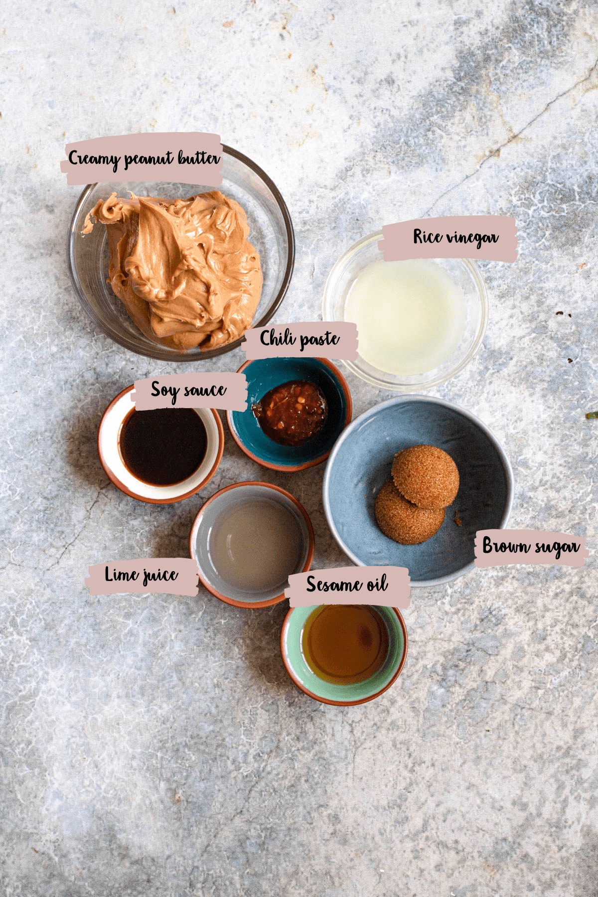 Measured ingredients to make sauce to accompany the Thai Peanut Noodles recipe. 