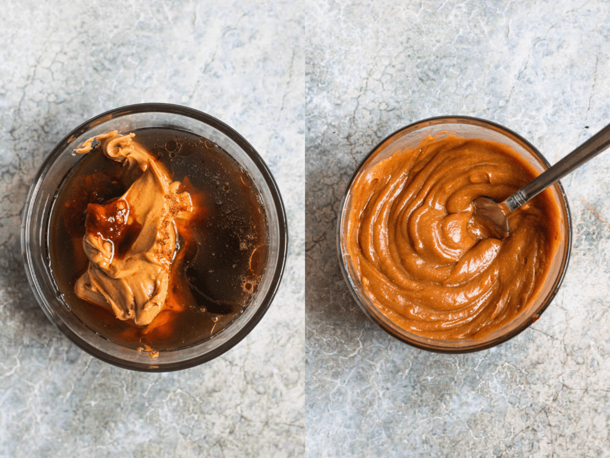 Left photo displays measured ingredients in a glass bowl to prepare for the Thai peanut sauce. The photo on the right is the combined ingredients mixed to smooth consistency. 