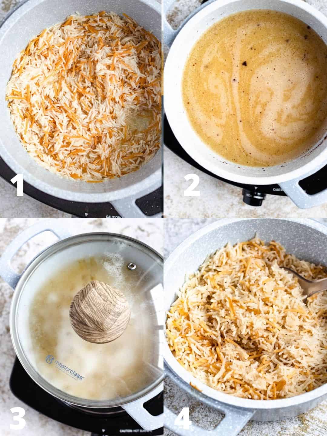 4 picture collage of steps to prepare the vermicelli rice until its ready to serve. 