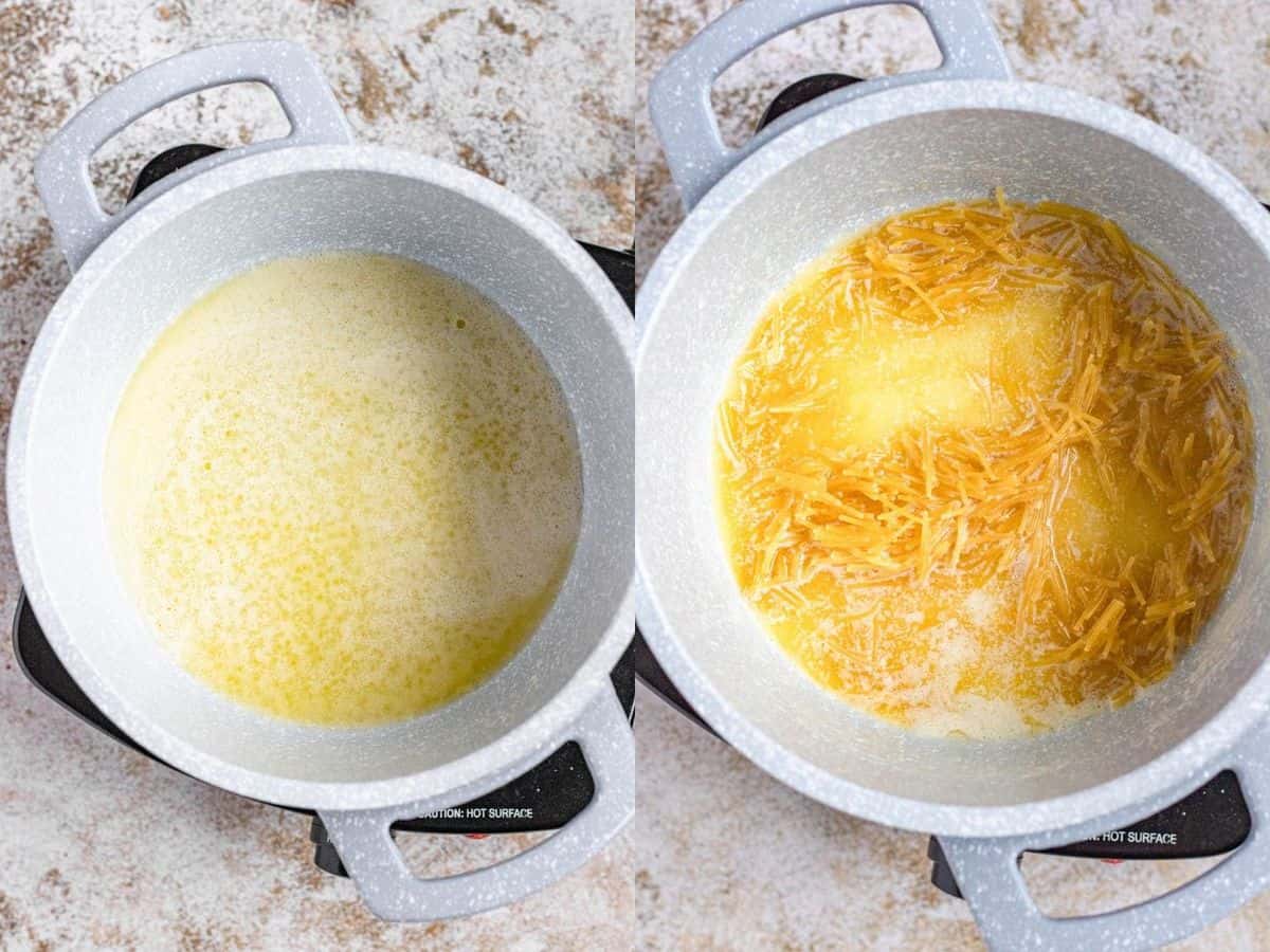 Side by side photos of steps to prepared vermicelli rice. Left photo shows melting butter in pot. Right photo shows broken pieces of vermicelli added to pot and being browned. 