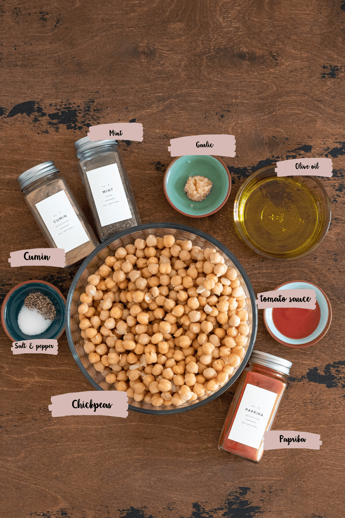 Labeled ingredient shot with measured ingredients for chickpea stew.