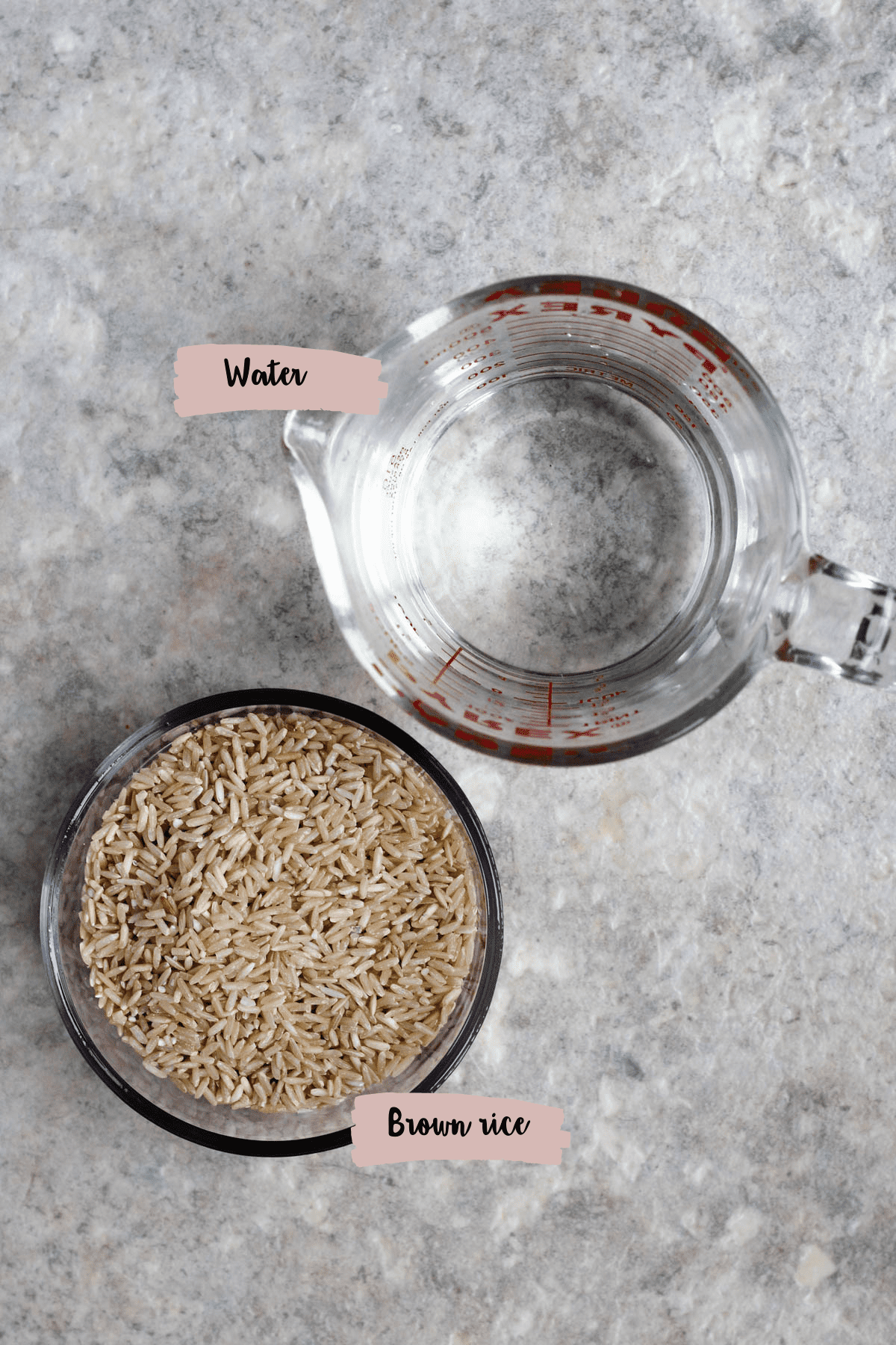 Measured ingredients to prepare Instant Pot brown rice. 