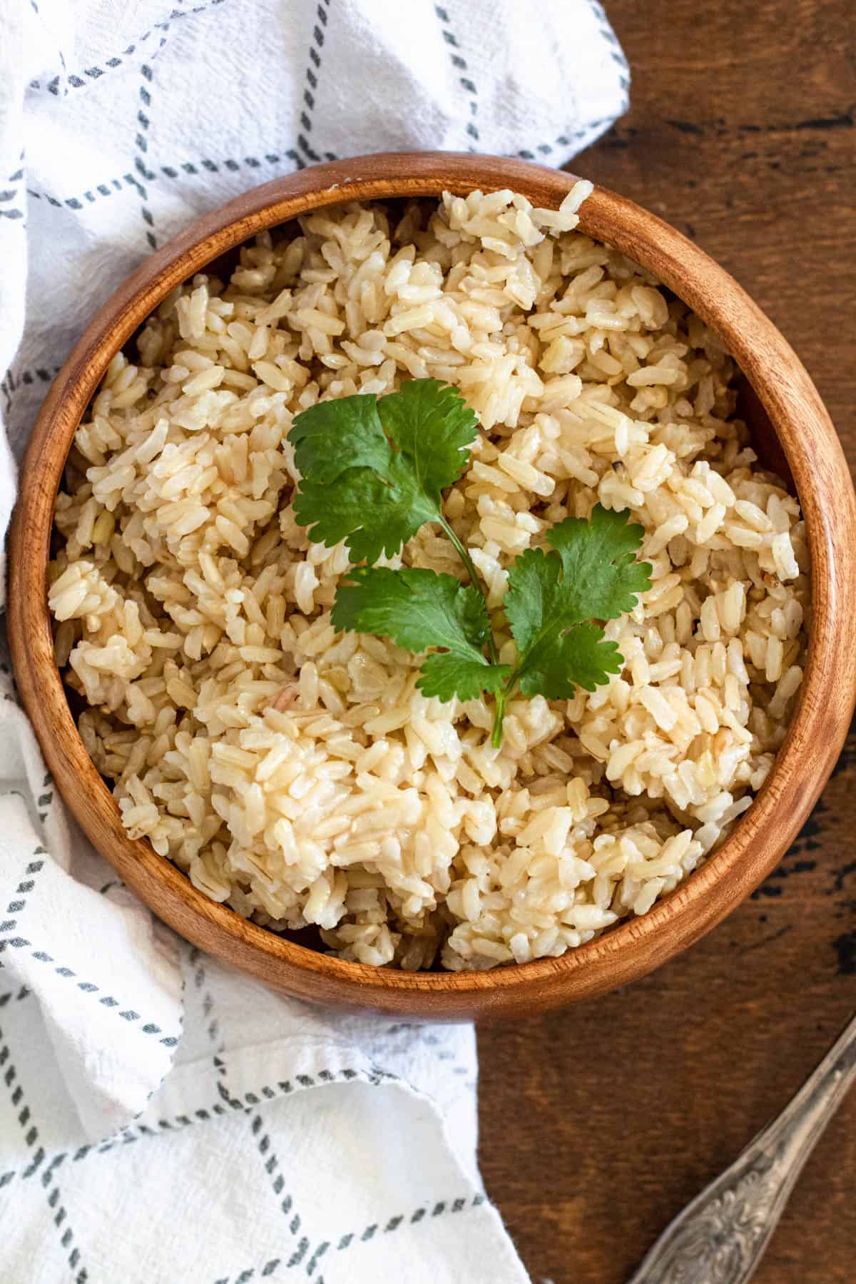 Bowl of brown rice with a cilantro garnish on top. 