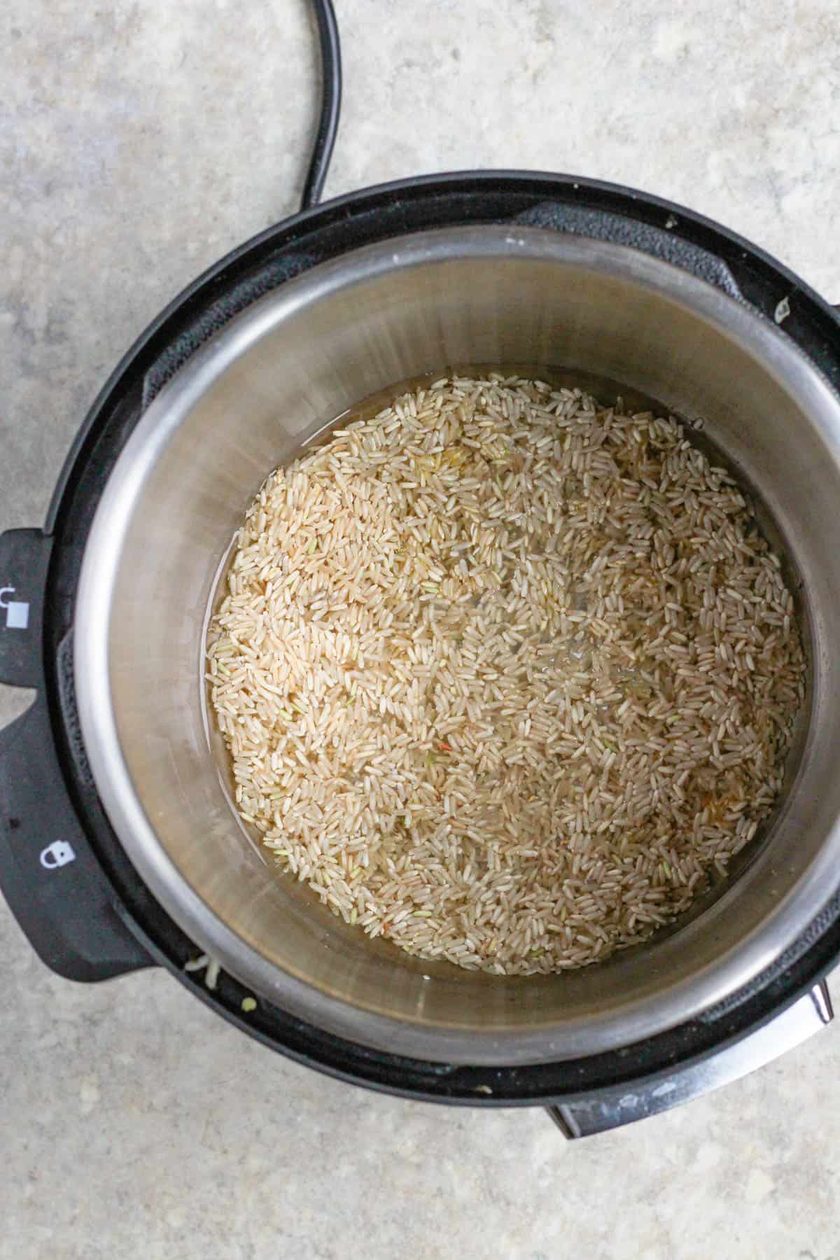 Brown rice and water placed into the Instant Pot, ready to cook. 