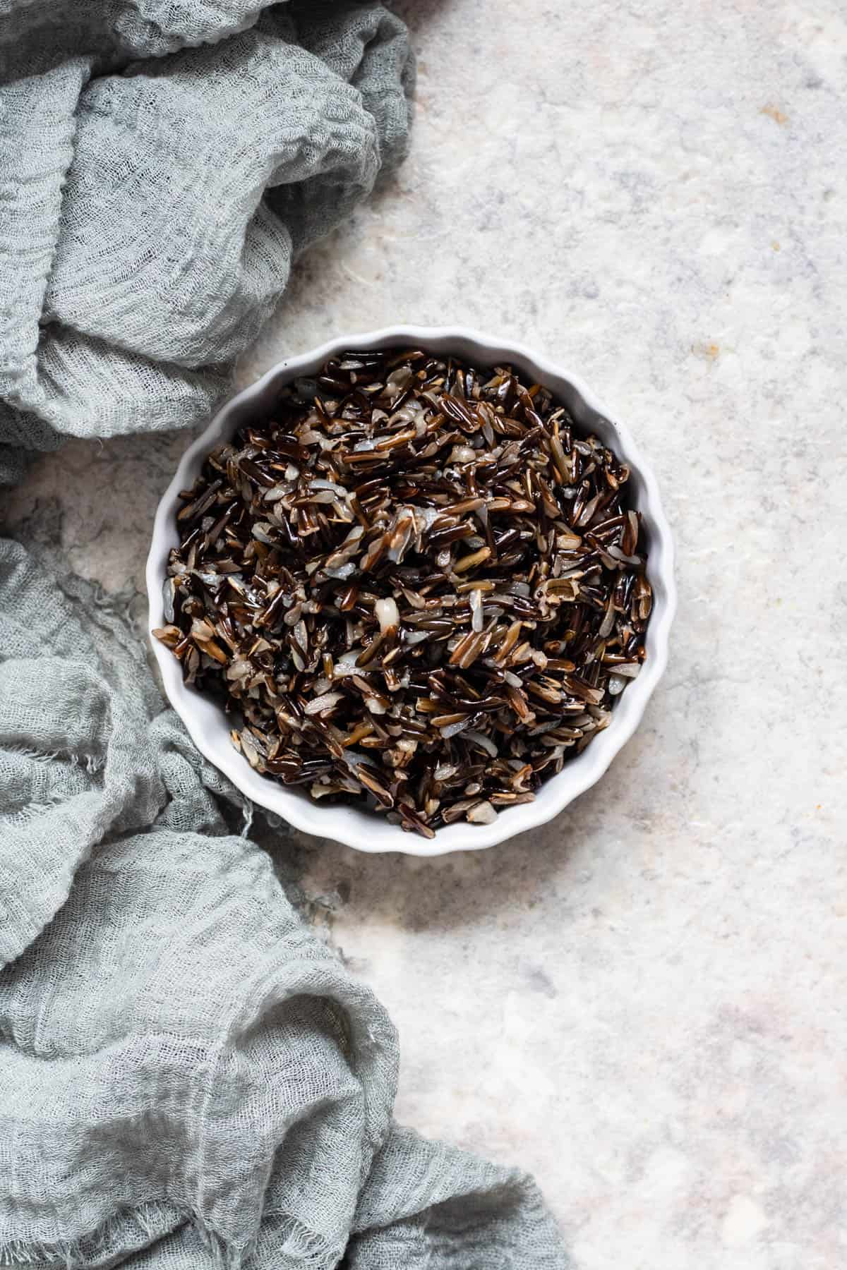 Top view of instant pot wild rice served in a bowl 