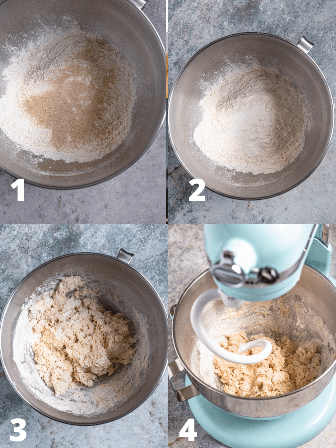 Steps shown to make langos dough. 
