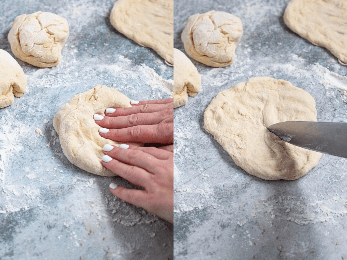 Two photos showing how to shape the dough and make a slit in the dough before frying. 