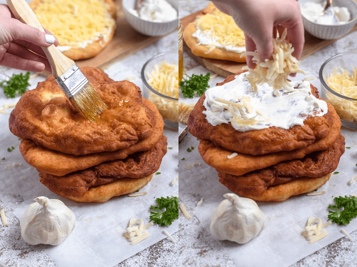 Two photos with garlic oil being brushed on langos in the first photo and sour cream and cheese topping them in the second one. 