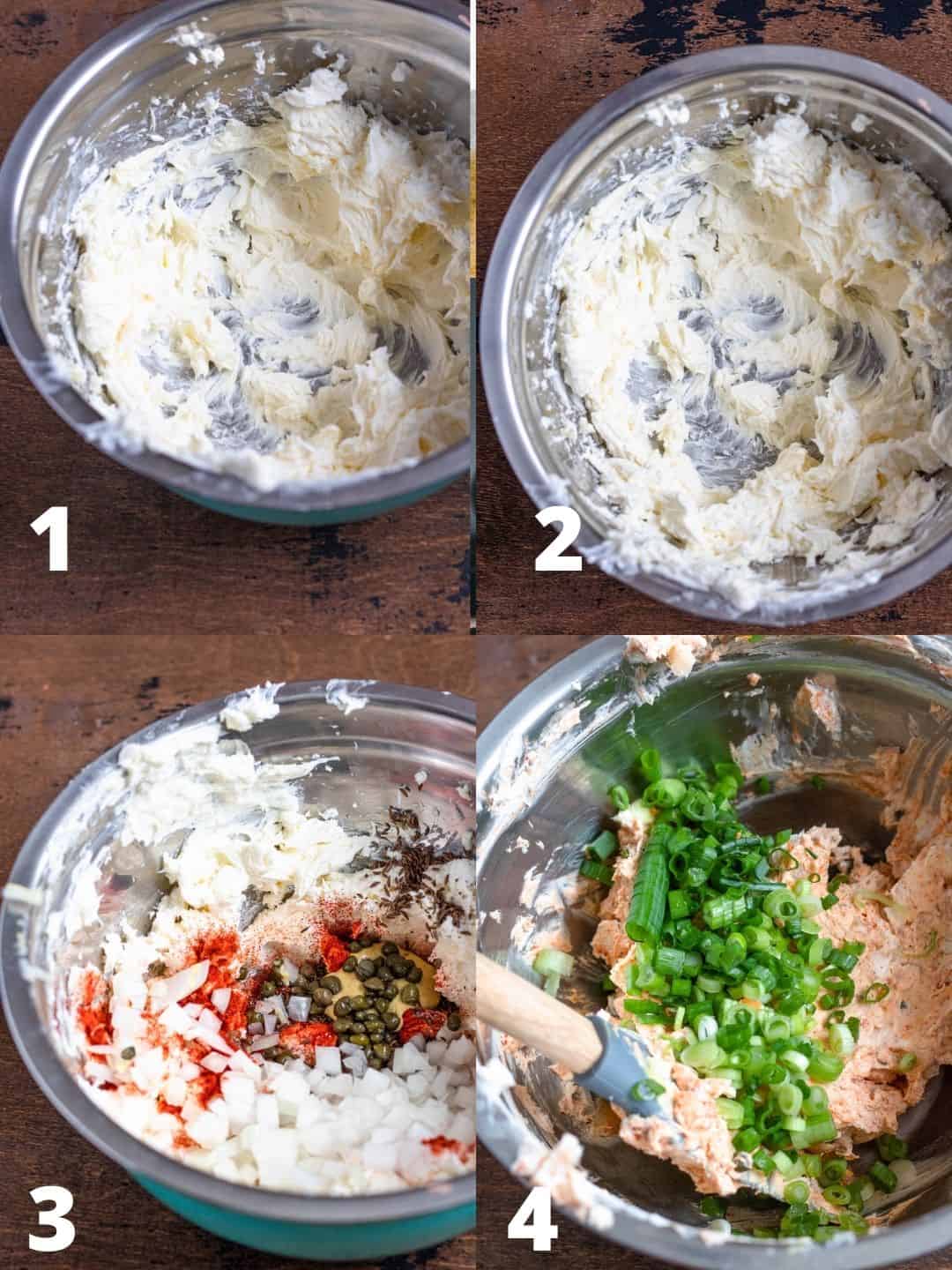 Labeled process shots showing the four steps to making liptauer, including mixing the ingredients, adding spices, and mixing in green onions. 
