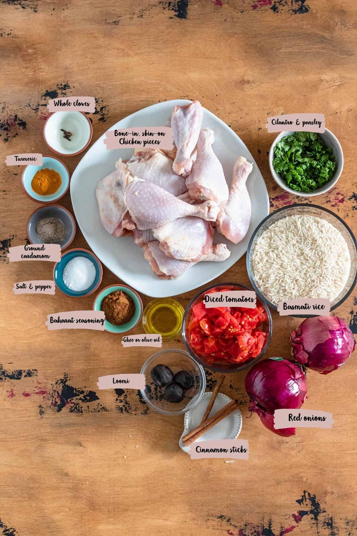 Measured ingredients needed to make chicken machboos.