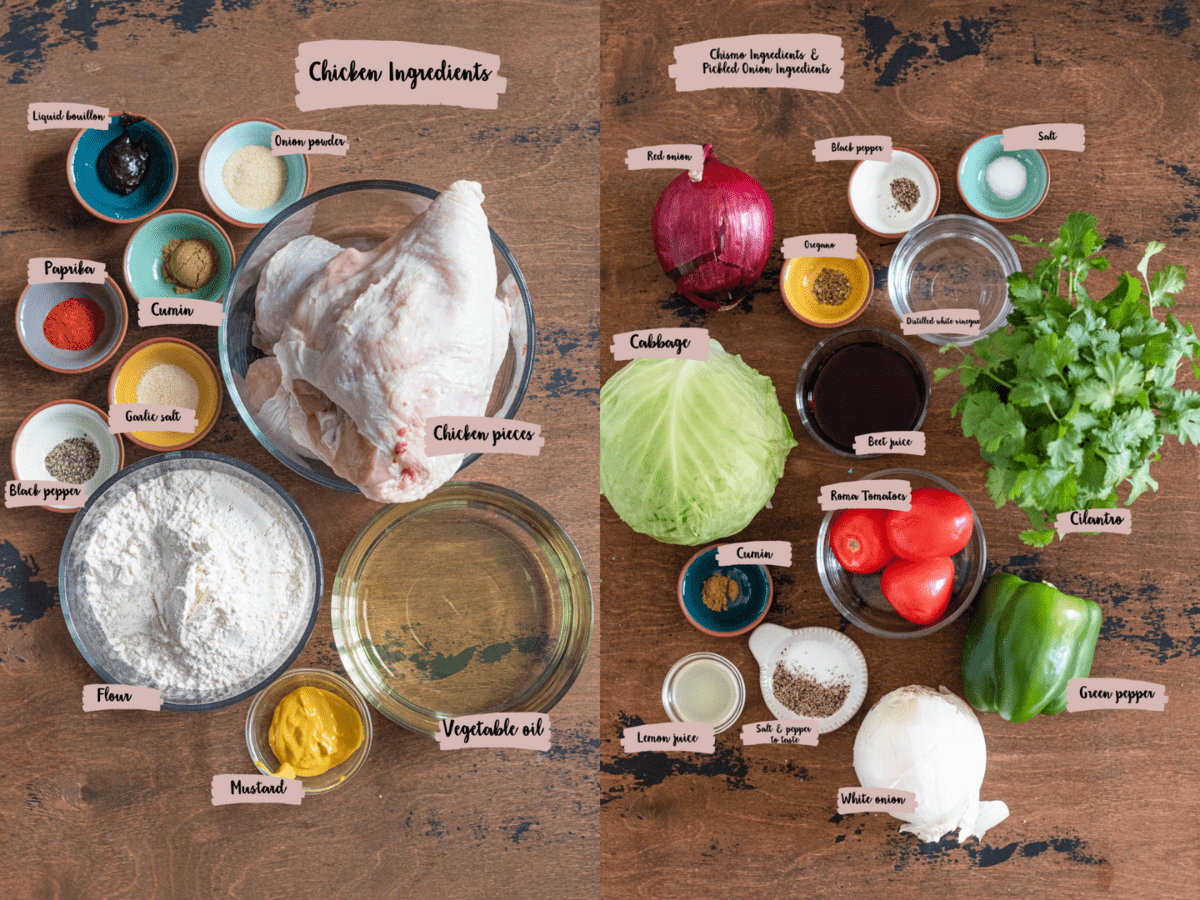 2 ingredient collage photos - left photo is chicken ingredients and right photo is chismo and pickled onion ingredients.