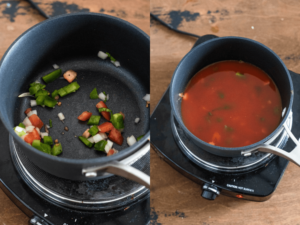 Two photo collage of chismo being added to a saucepan in left photo and tomato sauce ingredients combined along with chismo in pan in right photo to add to Pollo con Tajadas recipe. 