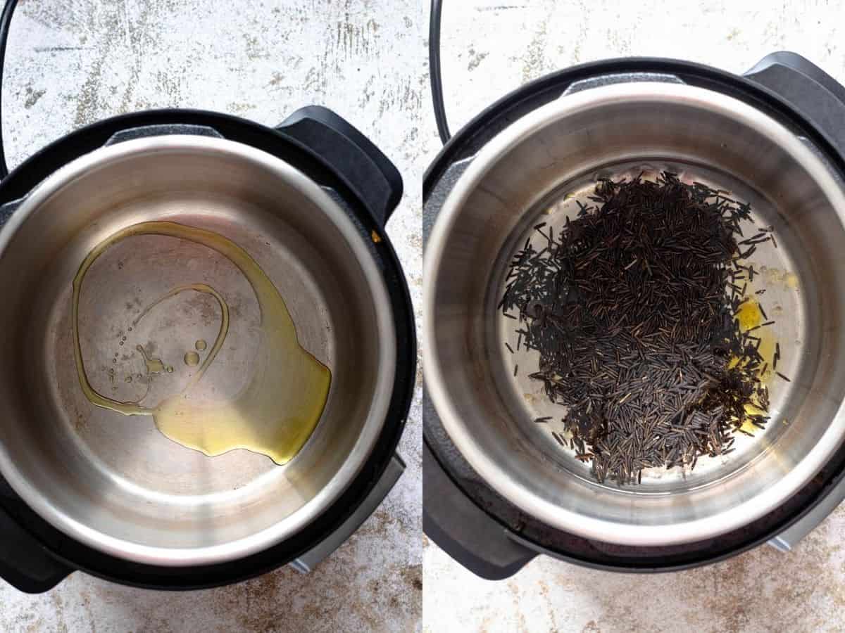 2 photos - picture on the left is inside the instant pot with olive oil drizzled in and picture on right is wild rice added to the instant pot covering the olive oil. 