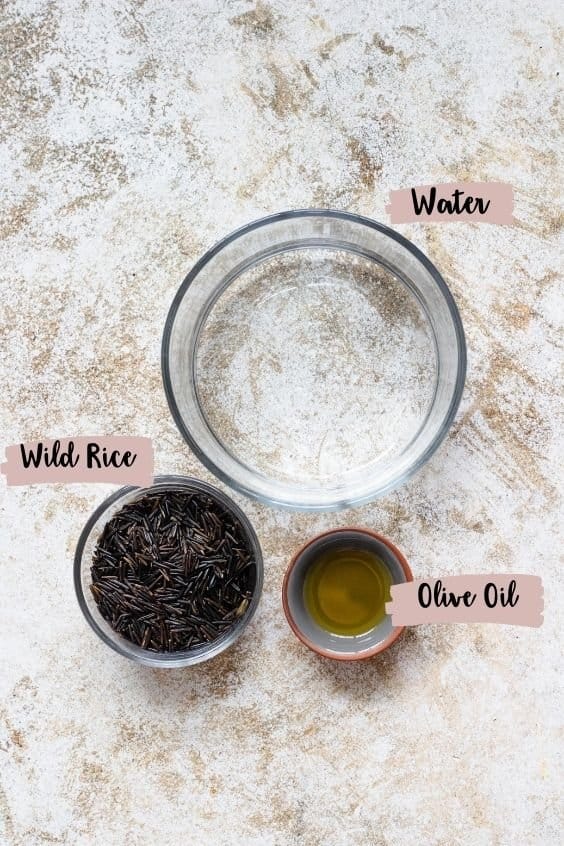 Measured ingredients needed to make instant pot wild rice. 