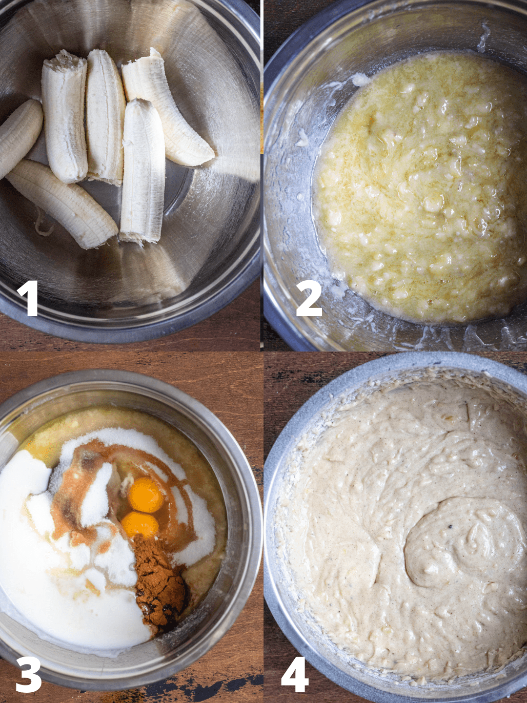 Collage of 4 pictures showing the steps to making a banana cake. 