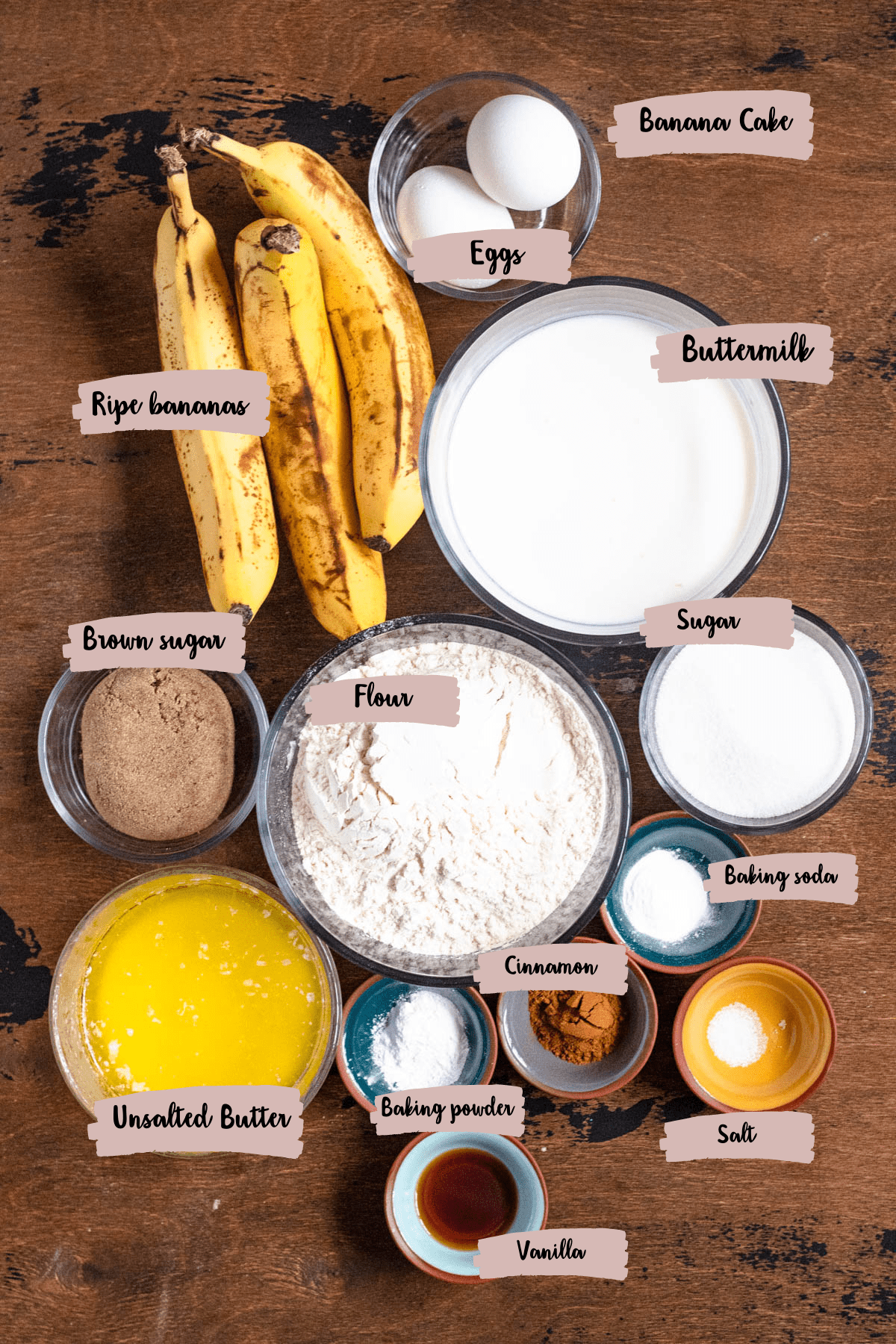 Measured ingredients to make banana cake with cream cheese frosting.