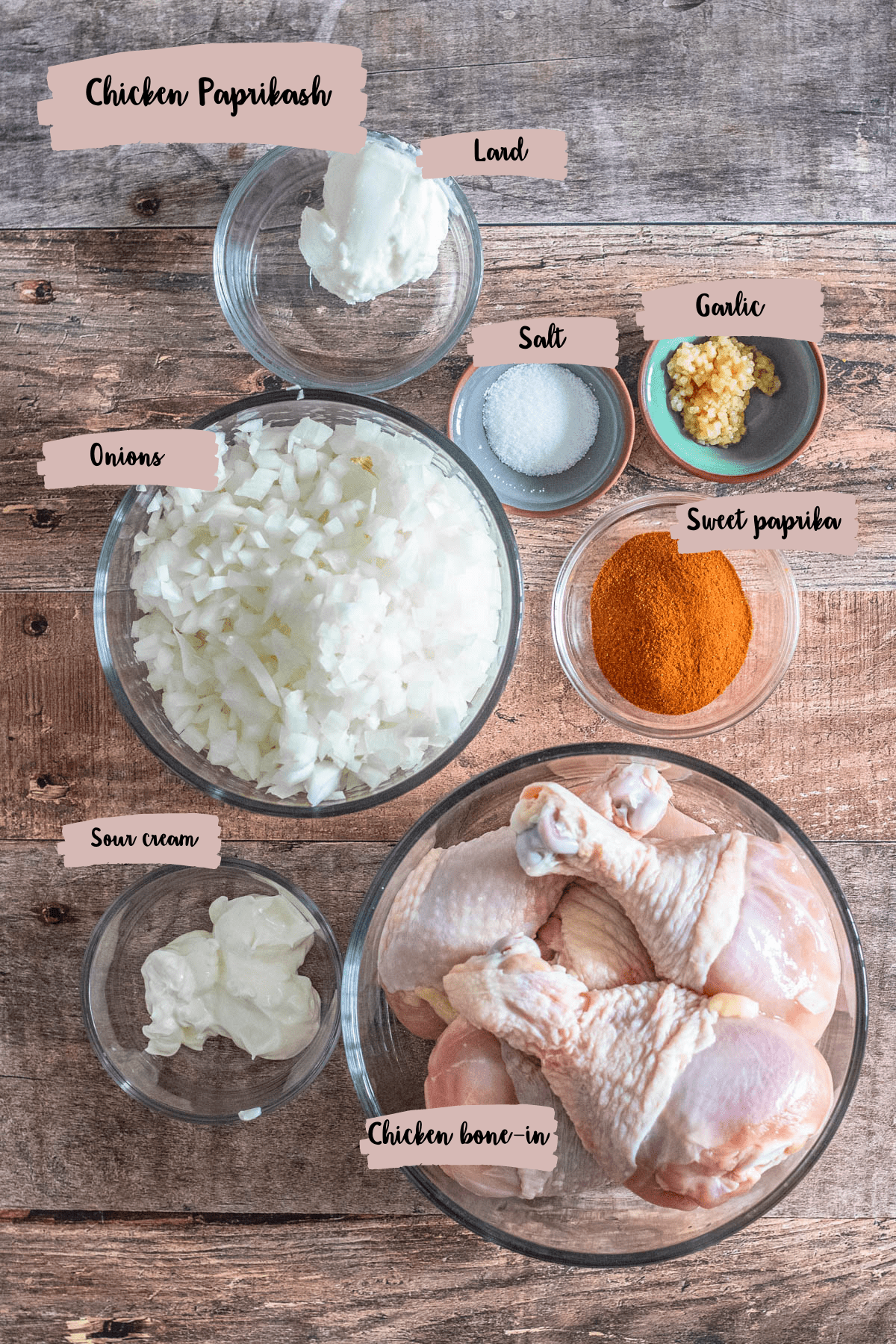 Measured ingredients to make chicken paprikash recipe. 