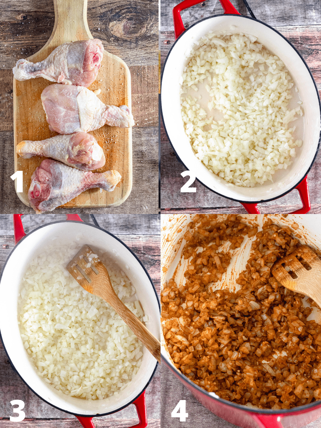 Steps 1-4 show how to season the bone-in chicken, saute the diced onions and incorporate the sweet paprika seasoning into the softened onions. 