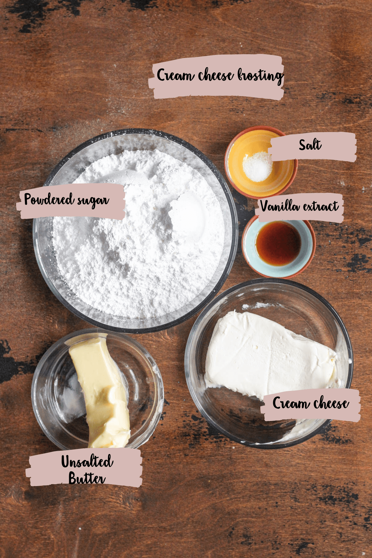 Measured ingredients to make cream cheese frosting. 