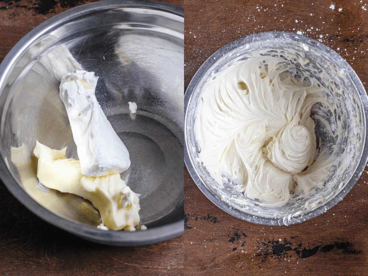 Mixing bowl in one photo showing butter and cream cheese ready to cream and in the second photo is a bowl of creamy frosting. 