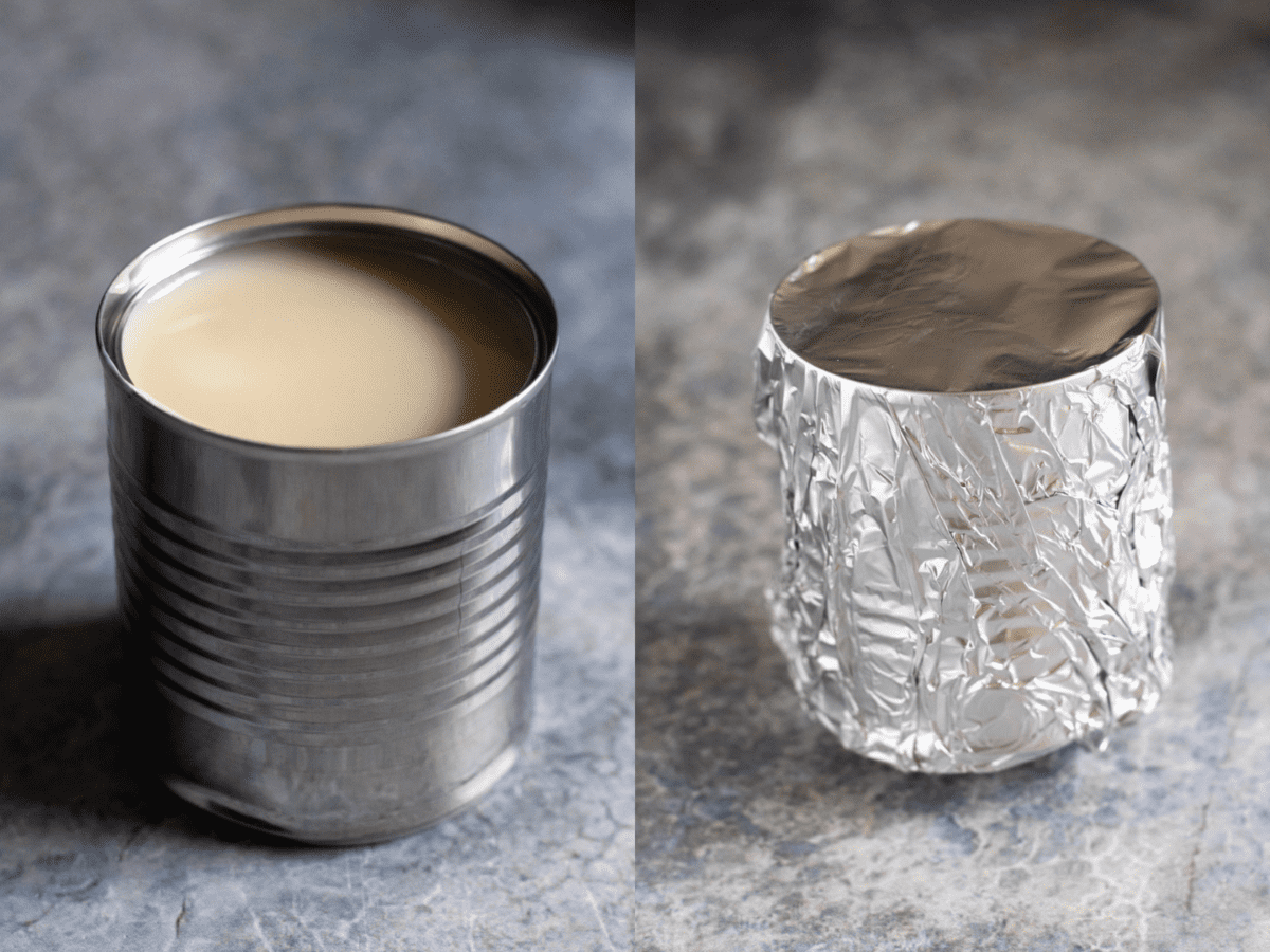 Can of sweetened condensed milk with aluminum foil over the can.
