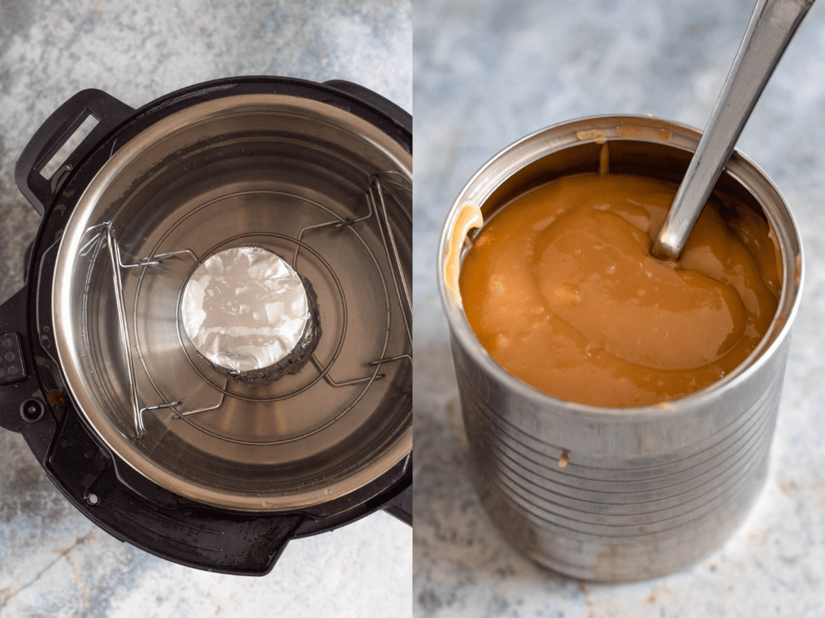 A covered can of sweetened condensed milk inside an Instant Pot and a second photo of a can showing a dark caramel color of the milk after cooking. 