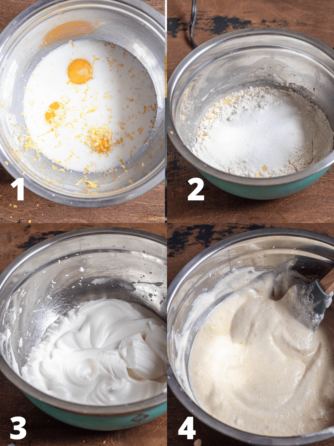 Collage of photos showing how to prepare the batter for Kaiserschmarrn. Eggs, milk and lemon zest being combined, then adding flour and sugar to make Kaiserschmarrn. Egg whites being beaten, finally all ingredients combined to make batter. 