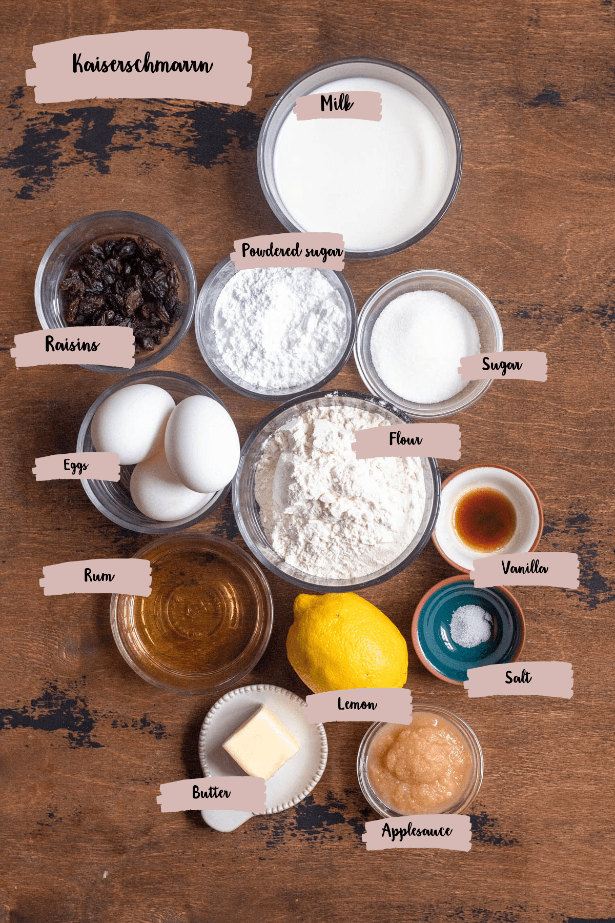 Measured ingredients to make kaiserschmarrn. 