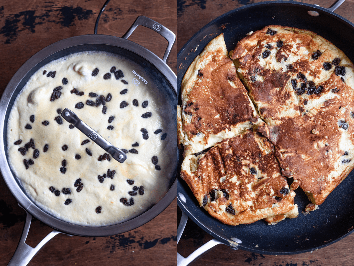 Kaiserschmarrn batter added to a large skillet in photo 1 and photo 2 shows cooked pancake. 