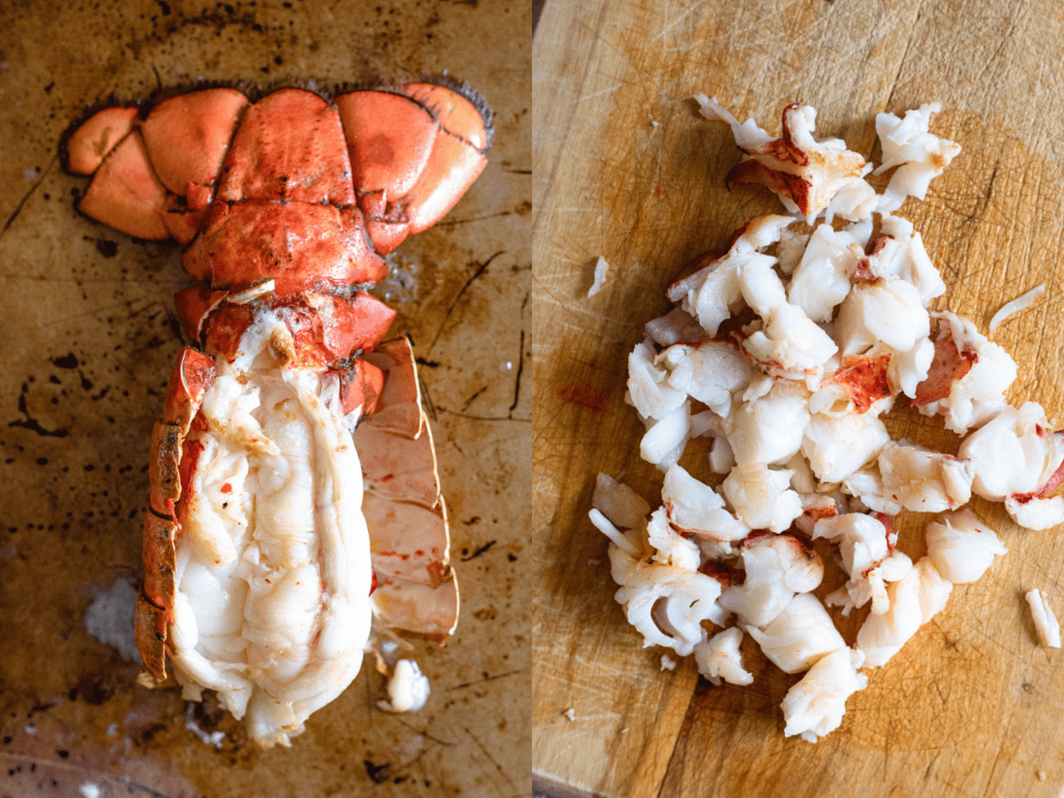 Two photos of a broiled lobster tail and the second shows the meat chopped into pieces to use in lobster eggs.  