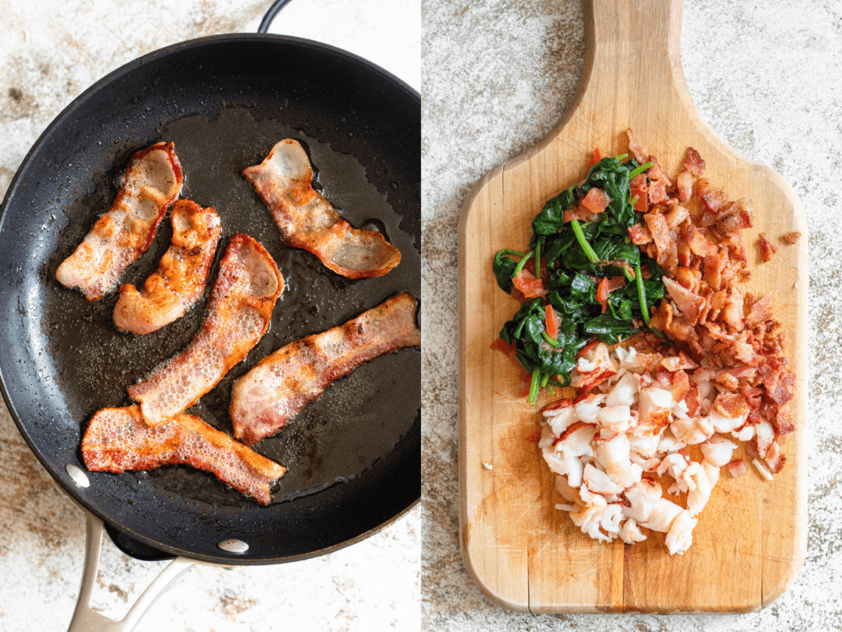 Photo to the left shows bacon crisping in a skillet and photo to the right is a cutting board with sauteed veggies, chopped bacon and lobster. 