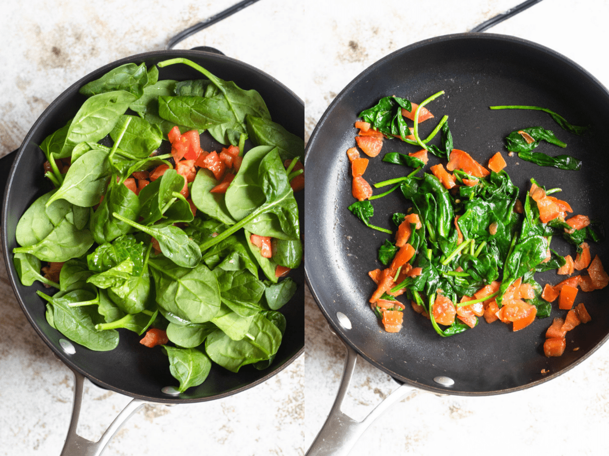 Photos of a skillet side by side showing fresh veggies in a skillet and sauteed veggies in the next photo to prepare the lobster eggs recipe. 