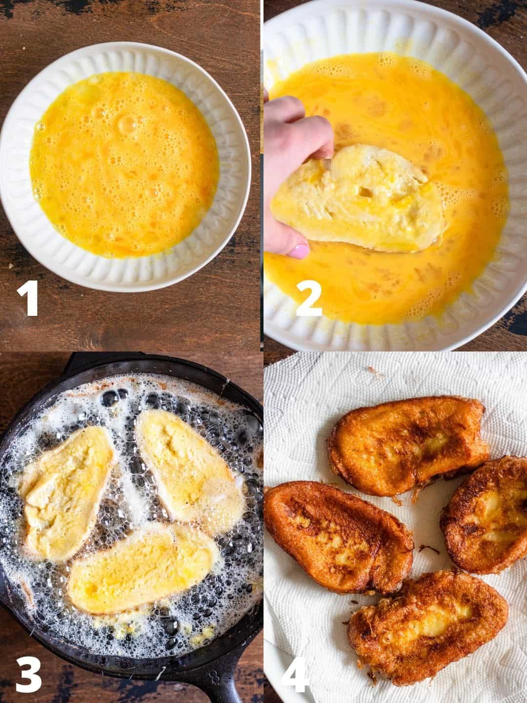 A collage of 4 pictures demonstrating how to make Torrijas by taking the milk soaked bread, dunking it in egg mixture and frying it, then allow it to drain on a paper towel lined plate. 
