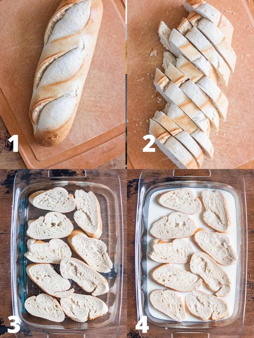 Collage of 4 pictures demonstrating how to slice the bread and soak it in milk before frying in order to make Torrijas.  