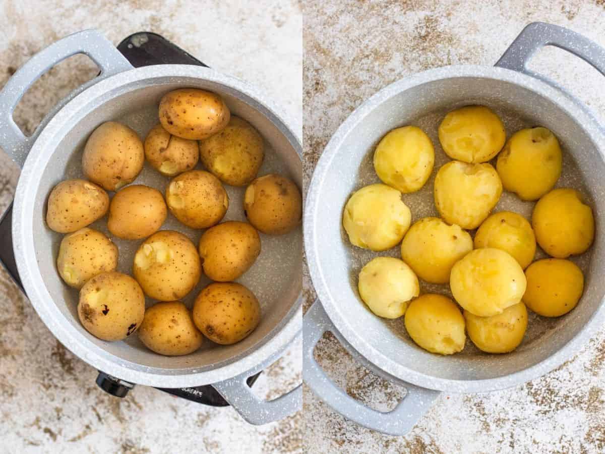 Boiled potatoes in one photo and skins removed from boiled potatoes in the next photo to make caramelized potatoes. 