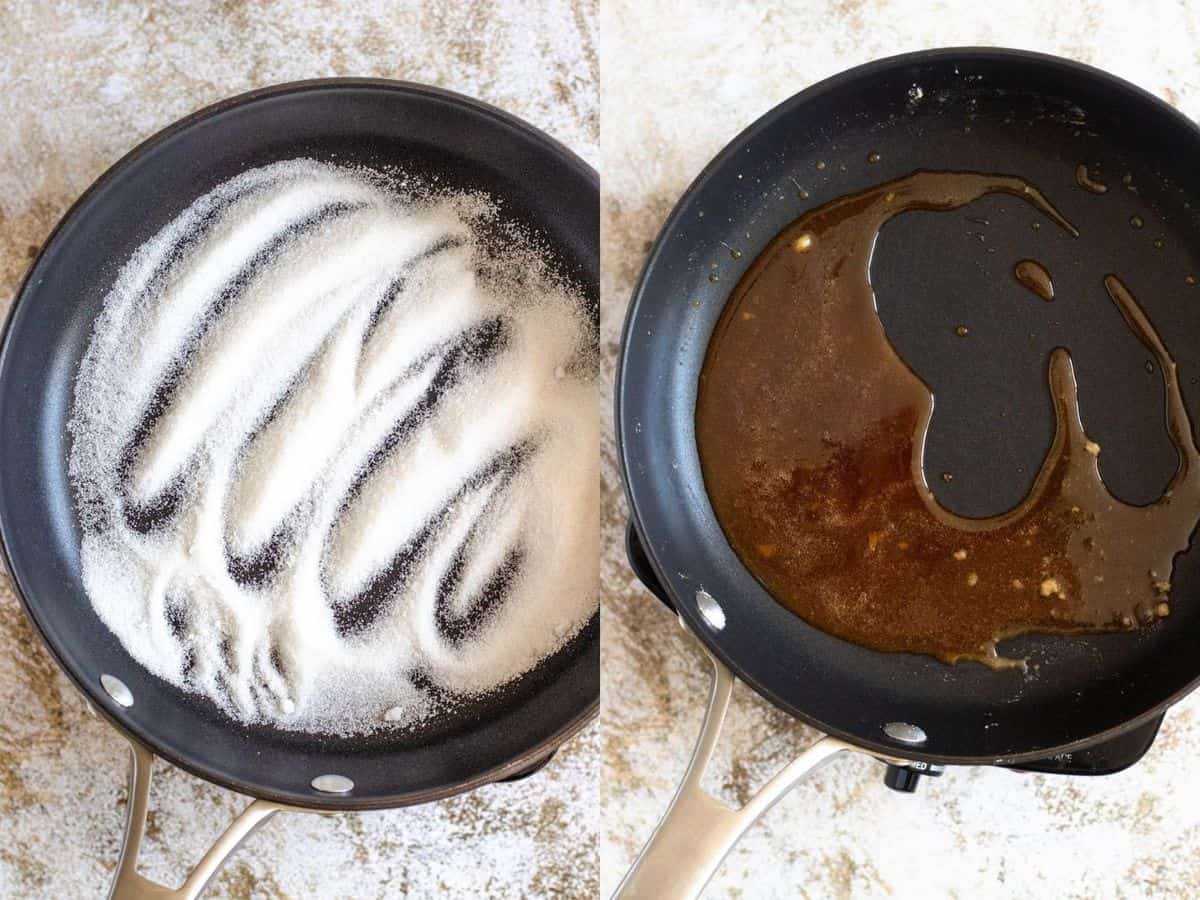 Photo of sugar in a skillet on the left photo and the sugar caramelized in the skillet on the right photo as you prepare caramelized potatoes. 