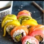 Homemade Rainbow Roll Sushi Recipe Pinterest Image top black banner