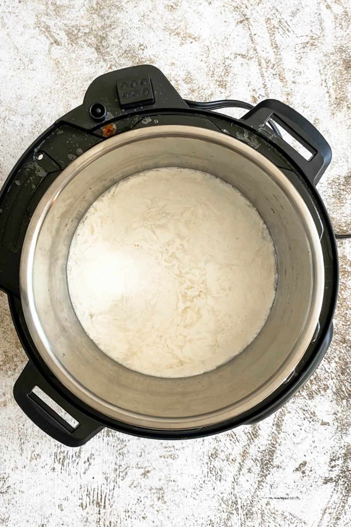 Instant Pot with chicken broth, heavy cream and garlic in it. 