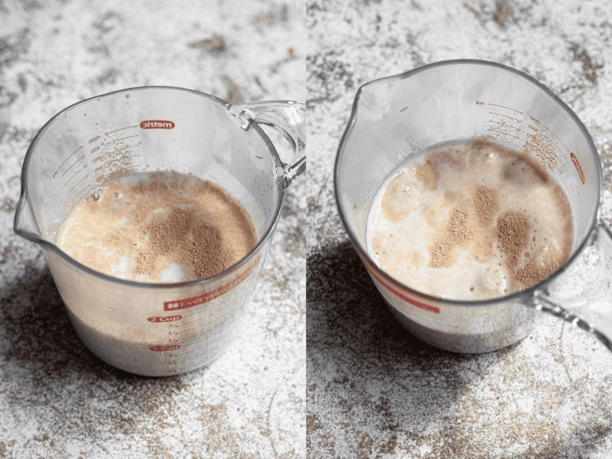 Two photos showing how to create the beginning of the loukoumades dough with yeast, milk and sugar. 