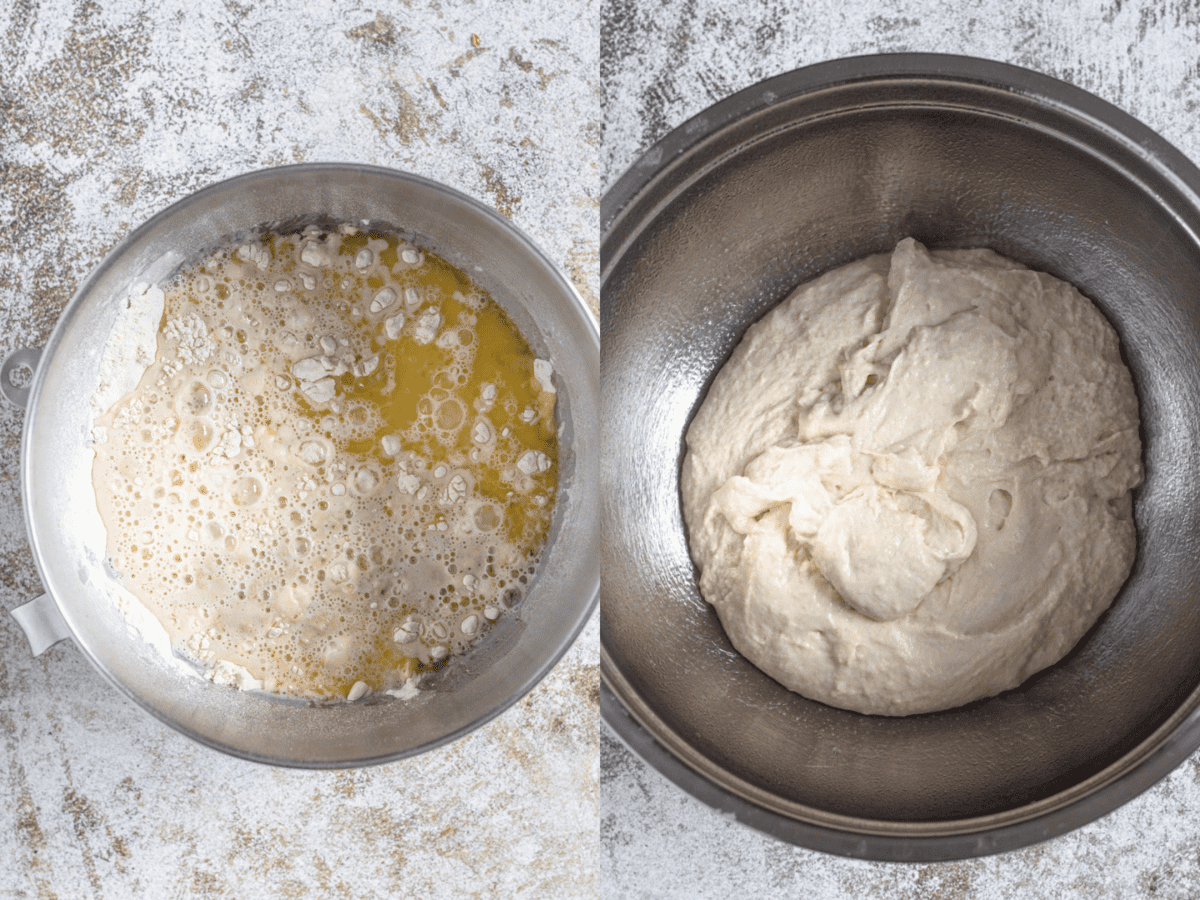 Two photos showing how to combine the ingredients to make a dough and then the dough sitting in an oiled mixing bowl beginning to proof. 