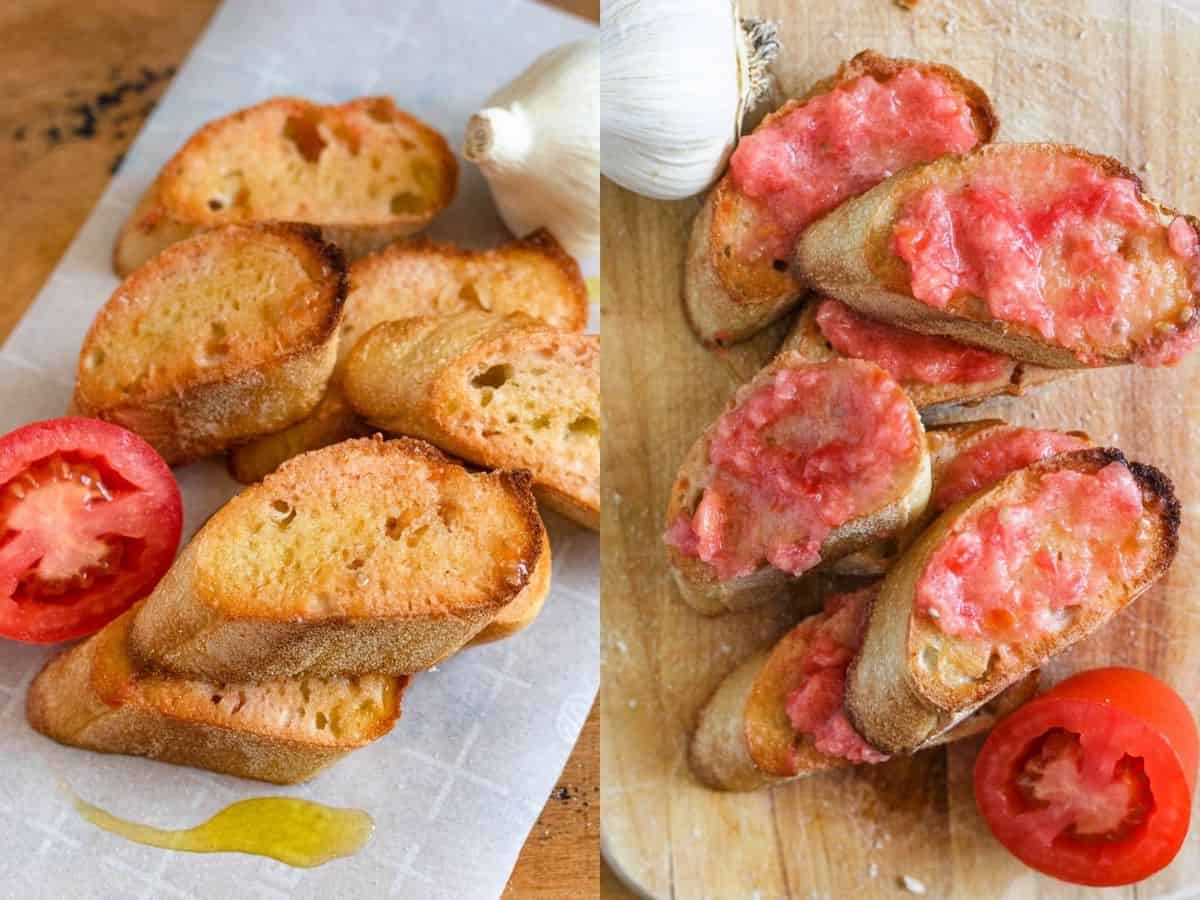Two photos showing how to assemble the pan con tomate after the bread is toasted. 