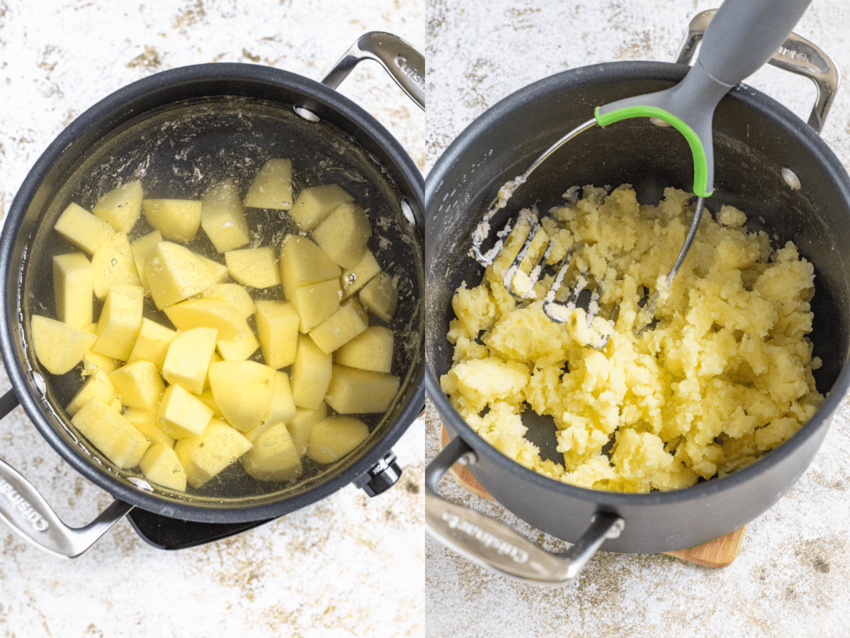 Boiling potatoes in the left photo and potatoes being mashed in the pan on the right to use in preparing Plokkfiskur. 