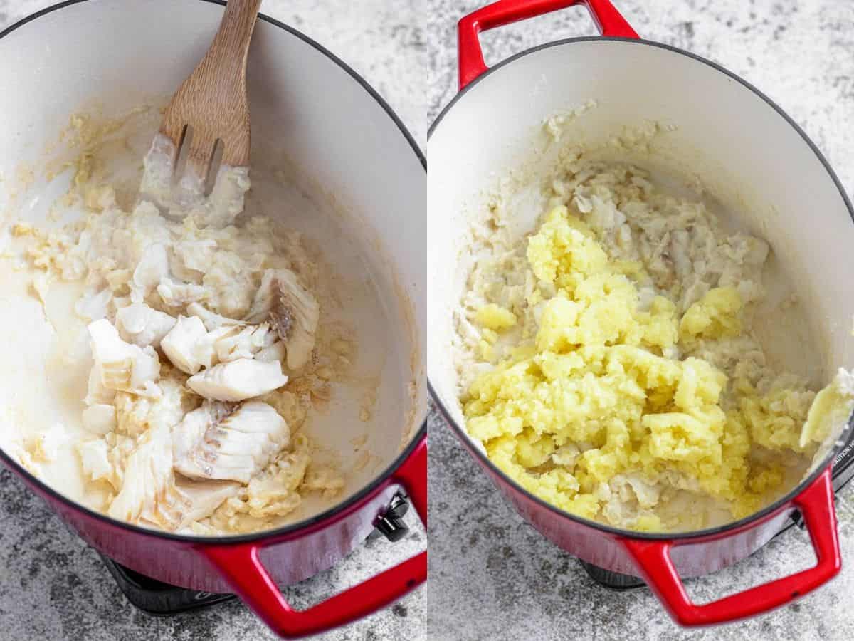 Photo on the left shows boiled cod adding to the bechamel sauce and photo on the right shows mashed potatoes added to the same pan with cod and bechamel to prepare Plokkfiskur. 