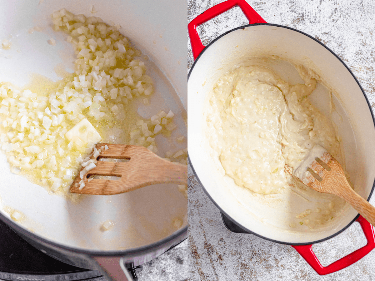 Two photos showing how to prepare a bechamel sauce to make Plokkfiskur. 