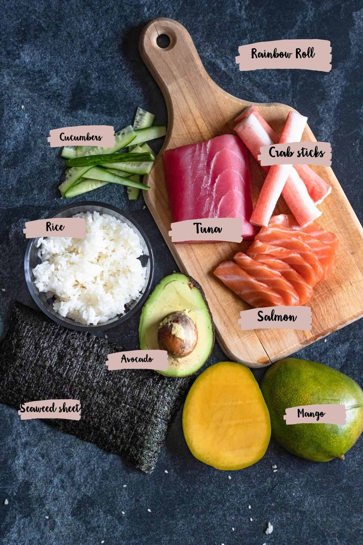 Ingredients needed to prepare a rainbow roll. 
