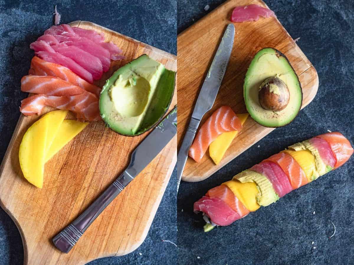 Two photos showing how to add toppings like avocdado, salmon and tuna that are sliced thinly on a cutting board to your rainbow roll sushi. 